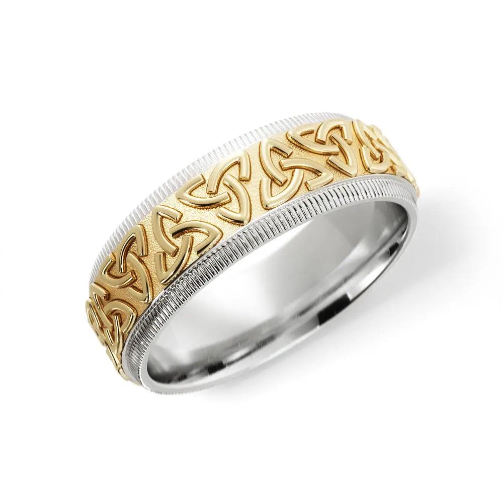 Trinity Celtic Wedding Ring for Men in 14k White/Yellow Gold in 6mm Jimmy Leon Fine Jewelry