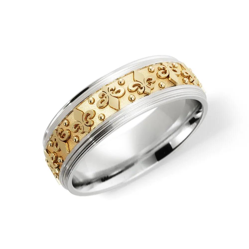 Lily Flower-"Fleur-de-lis" Wedding Ring in 14k White/Yellow Gold in 6mm Jimmy Leon Fine Jewelry