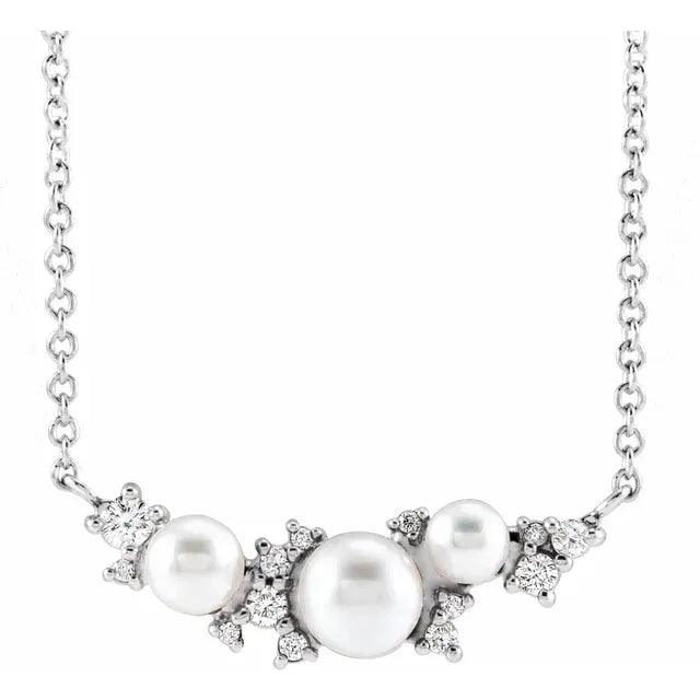 White Pearl Necklace adorned with .08 CTW Natural Diamond - Jimmy Leon Fine Jewelry